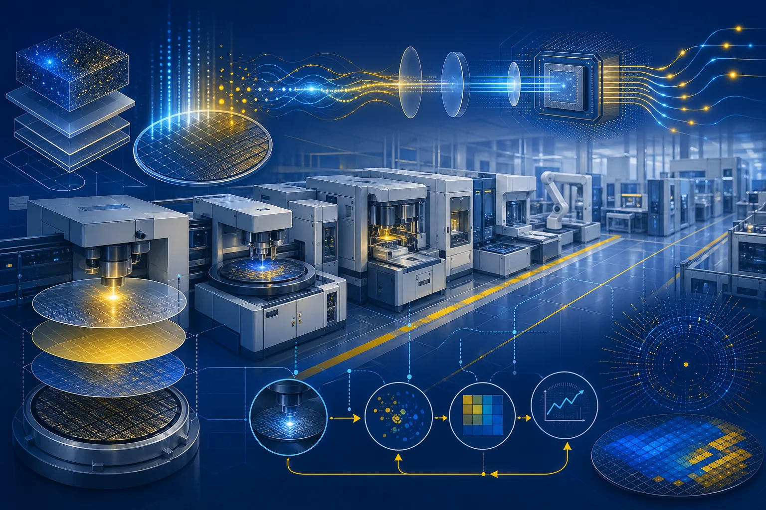 Konzeptgrafik zu Waferprozess, Metrologie und Skalierung von Halbleitertechnologien