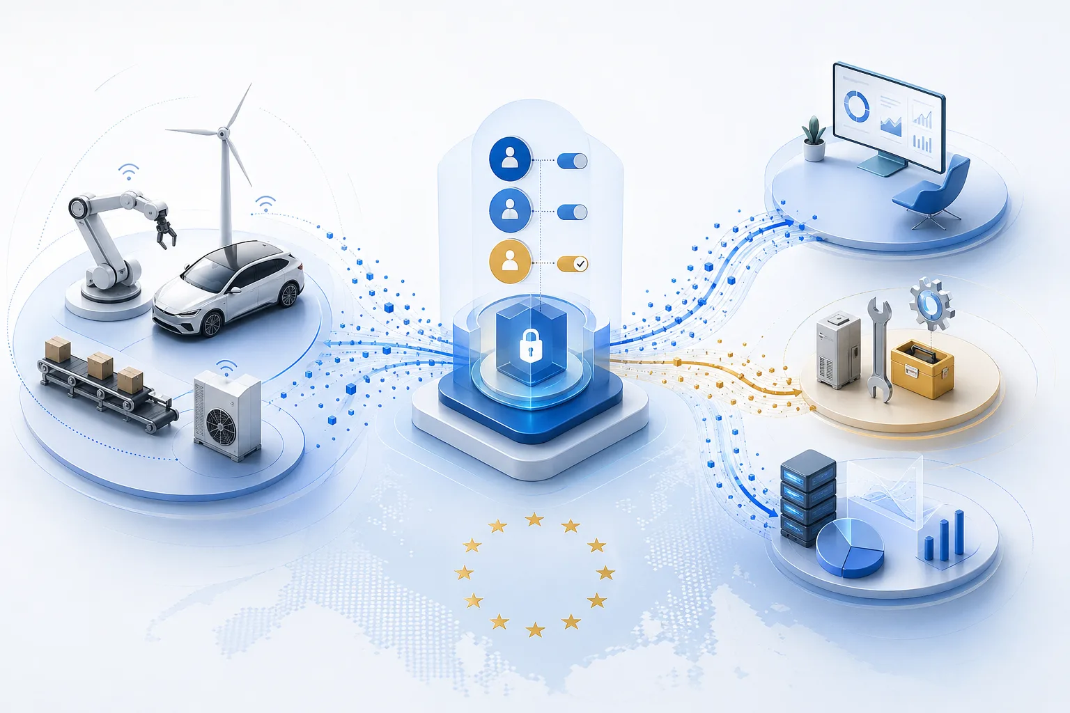 Konzeptgrafik zu Datenzugang aus IoT-Geräten für Nutzer, Wartung und Drittanbieter