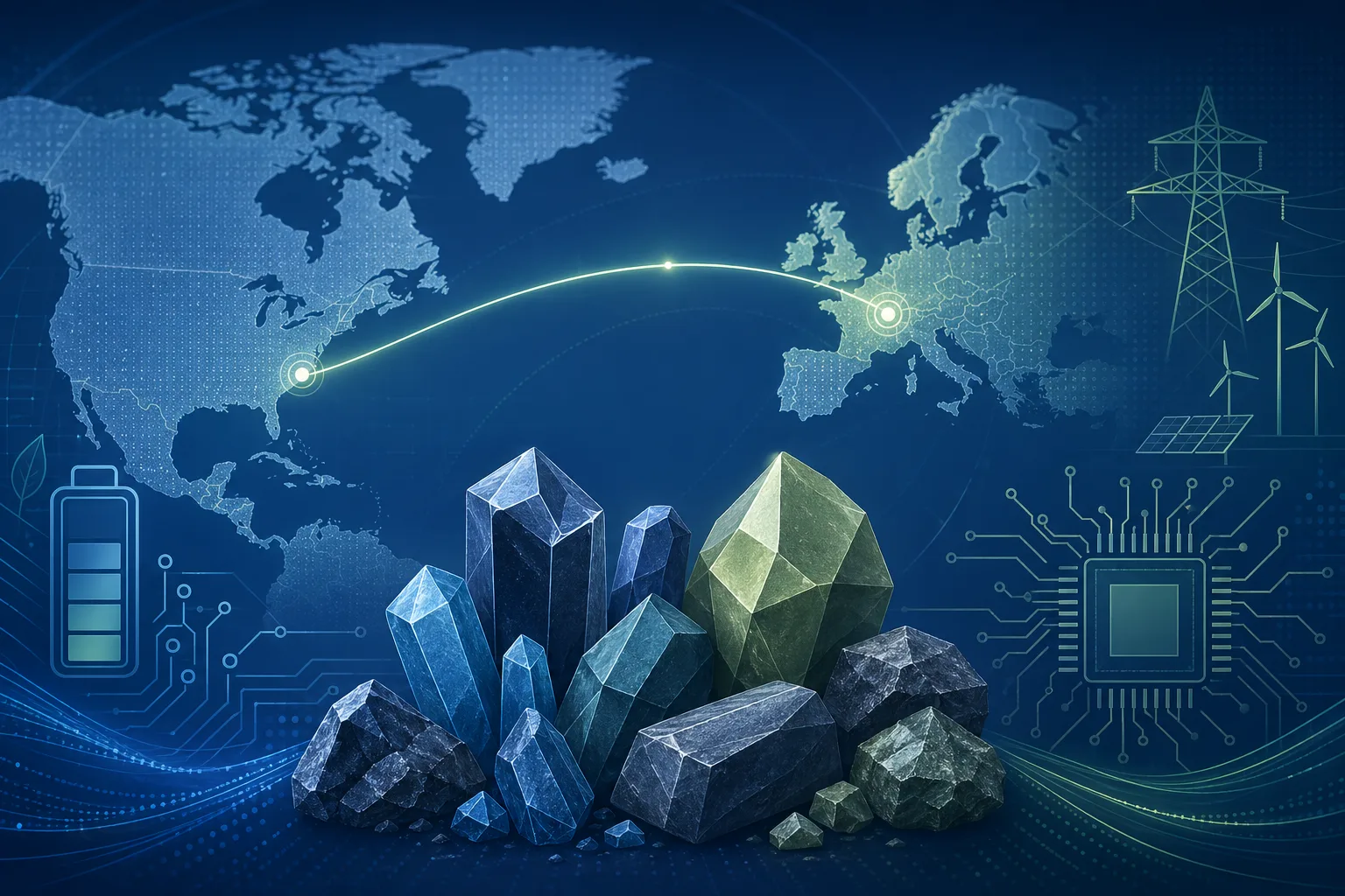 Illustrative Grafik: EU-USA-Rohstoffkooperation mit Batterie-, Chip- und Stromnetzsymbolen
