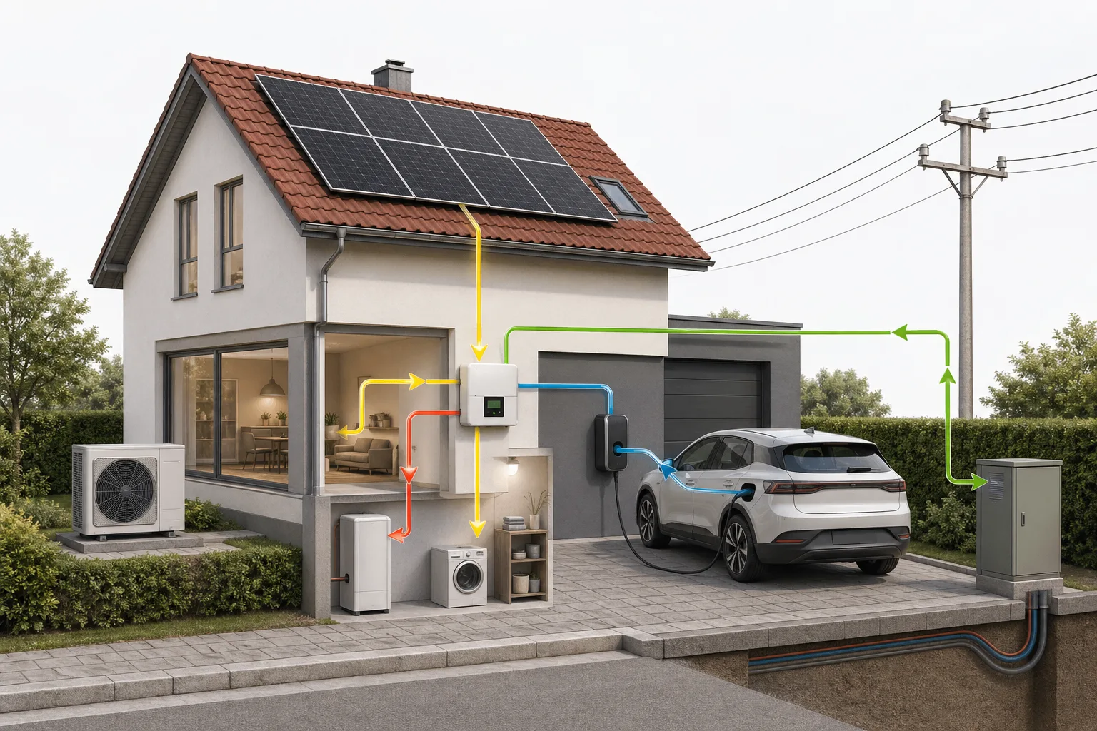 Haus mit PV-Anlage, Wärmepumpe, bidirektionaler Wallbox und E-Auto als Energiesystem