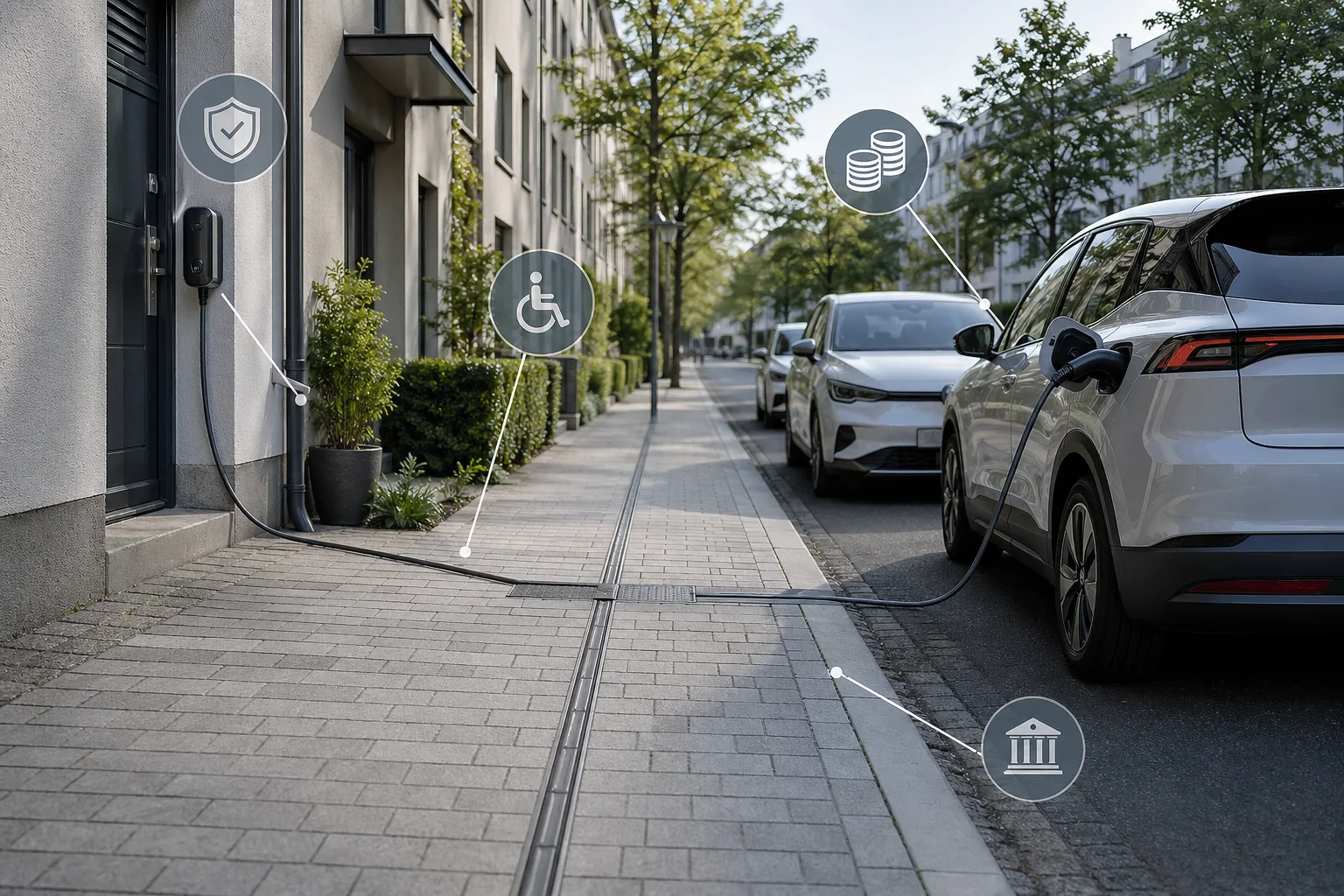 Ruhige Wohnstraße mit E-Autos am Bordstein und geschützter Querweg-Ladelösung