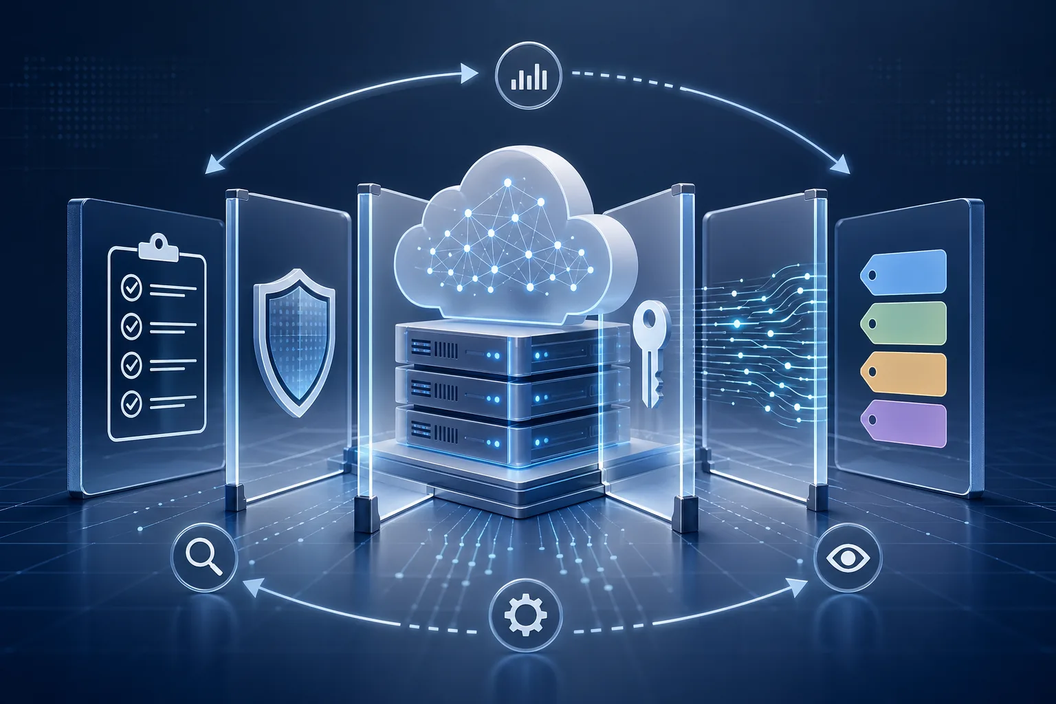 Abstrakte KI-Cloud hinter Prüfschichten, Zugriffskontrollen und Monitoring-Schleifen