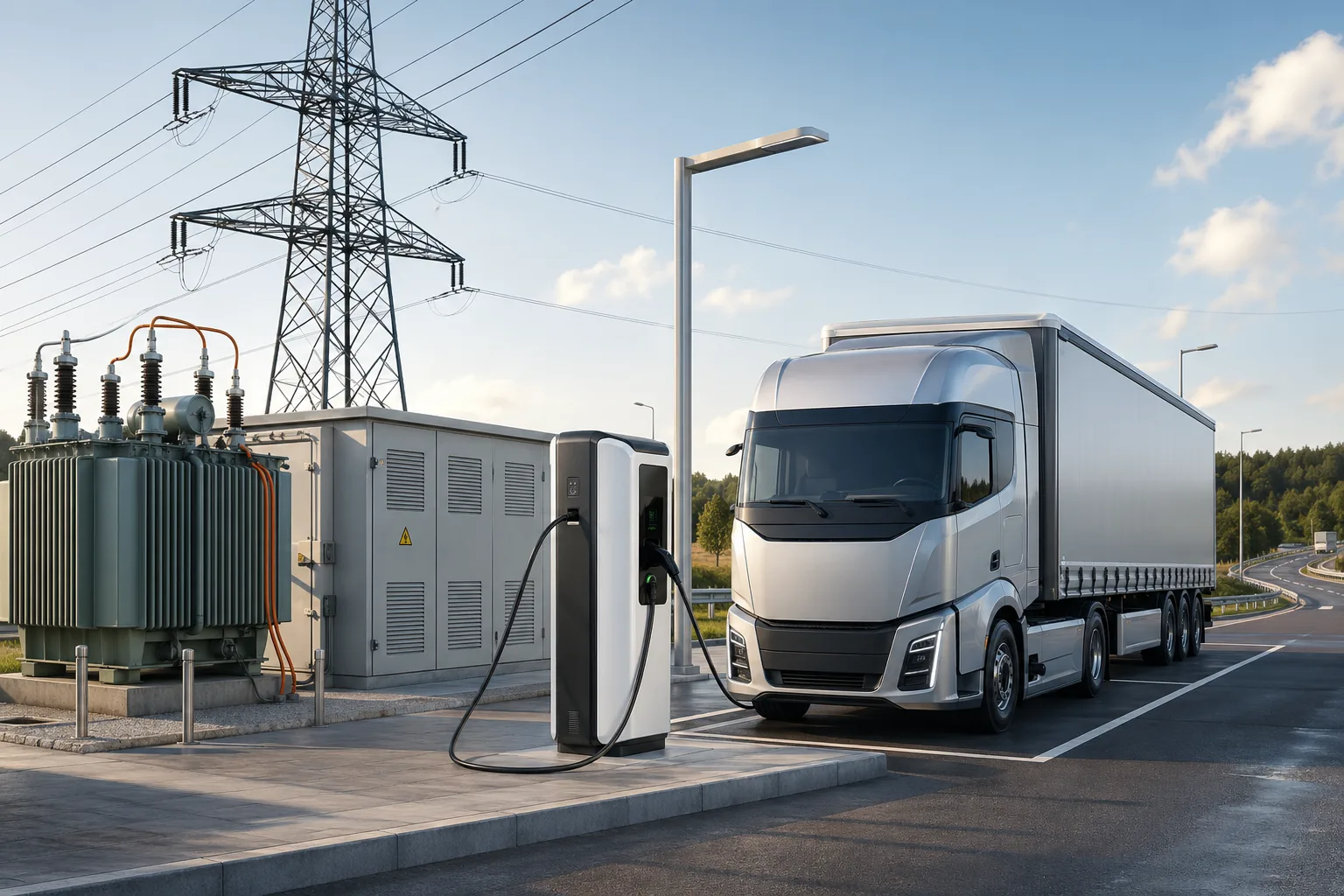 Konzeptillustration eines elektrischen Lkw an einem Hochleistungsladepunkt auf einer Rastanlage