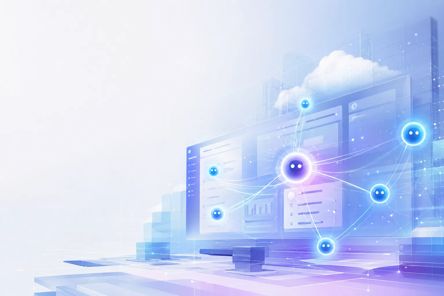 Abstrakte Illustration vernetzter KI-Agenten über einer Enterprise-Software-Oberfläche
