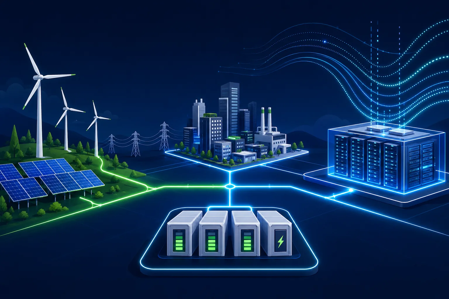 Editorial-Grafik eines Stromnetzes, das Windenergie, Solarstrom, Batteriespeicher, Industrie und Rechenzentrum verbindet