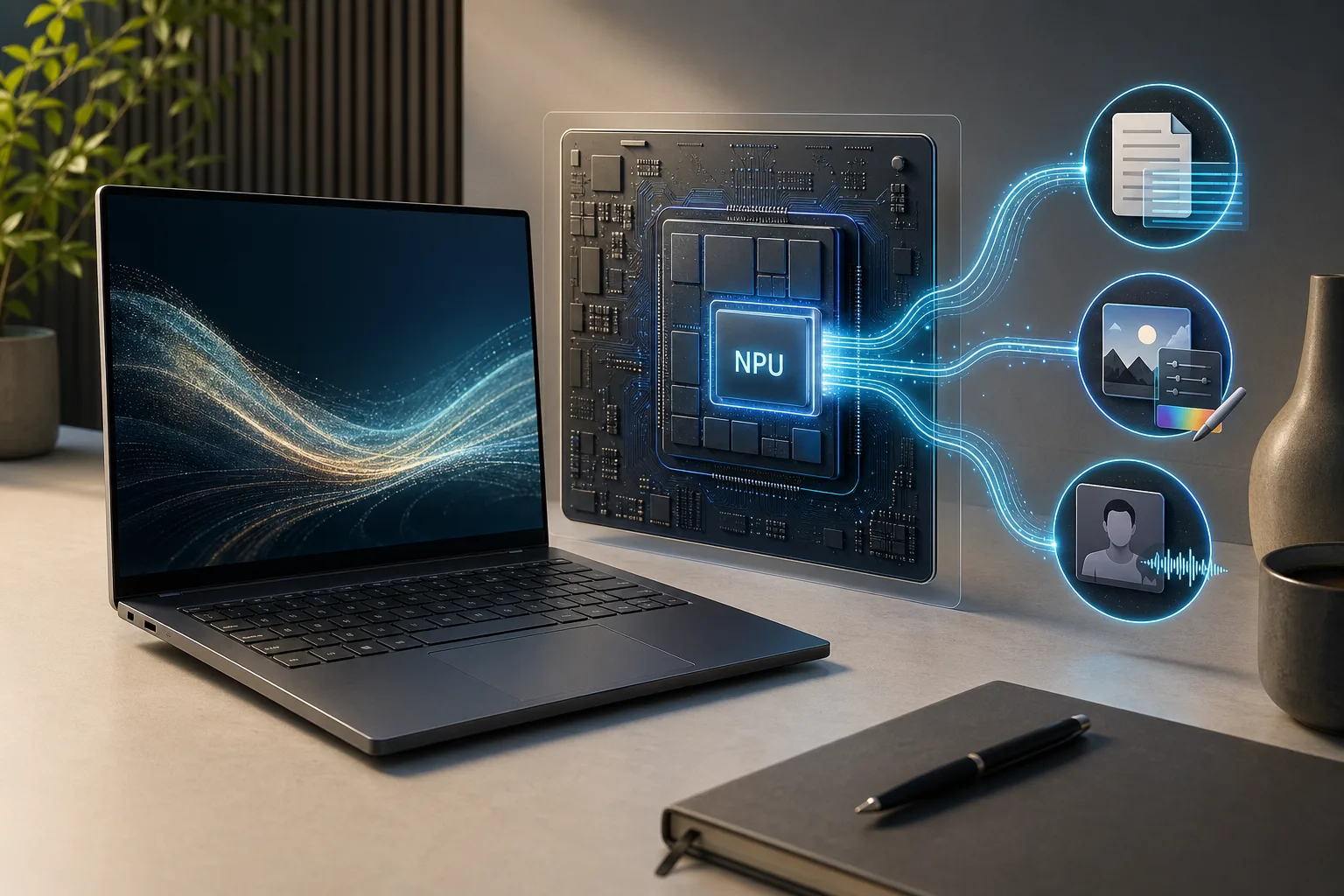 Illustration zu Notebook, NPU und lokalen KI-Aufgaben