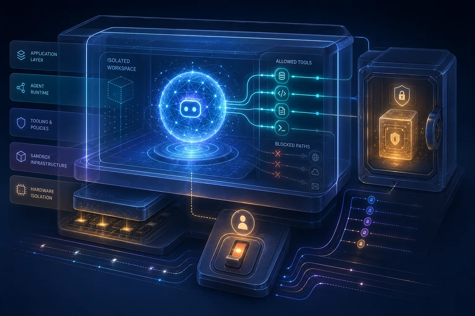 Konzeptgrafik zu Sandboxen, Tool-Gates, Audit-Logs und Secret-Schutz bei KI-Agenten