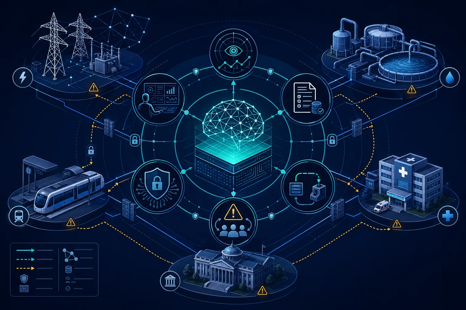 Abstrakte Kontrollraum-Grafik mit KI-Schicht, Strom, Wasser, Gesundheit, Verkehr und Governance-Kontrollen