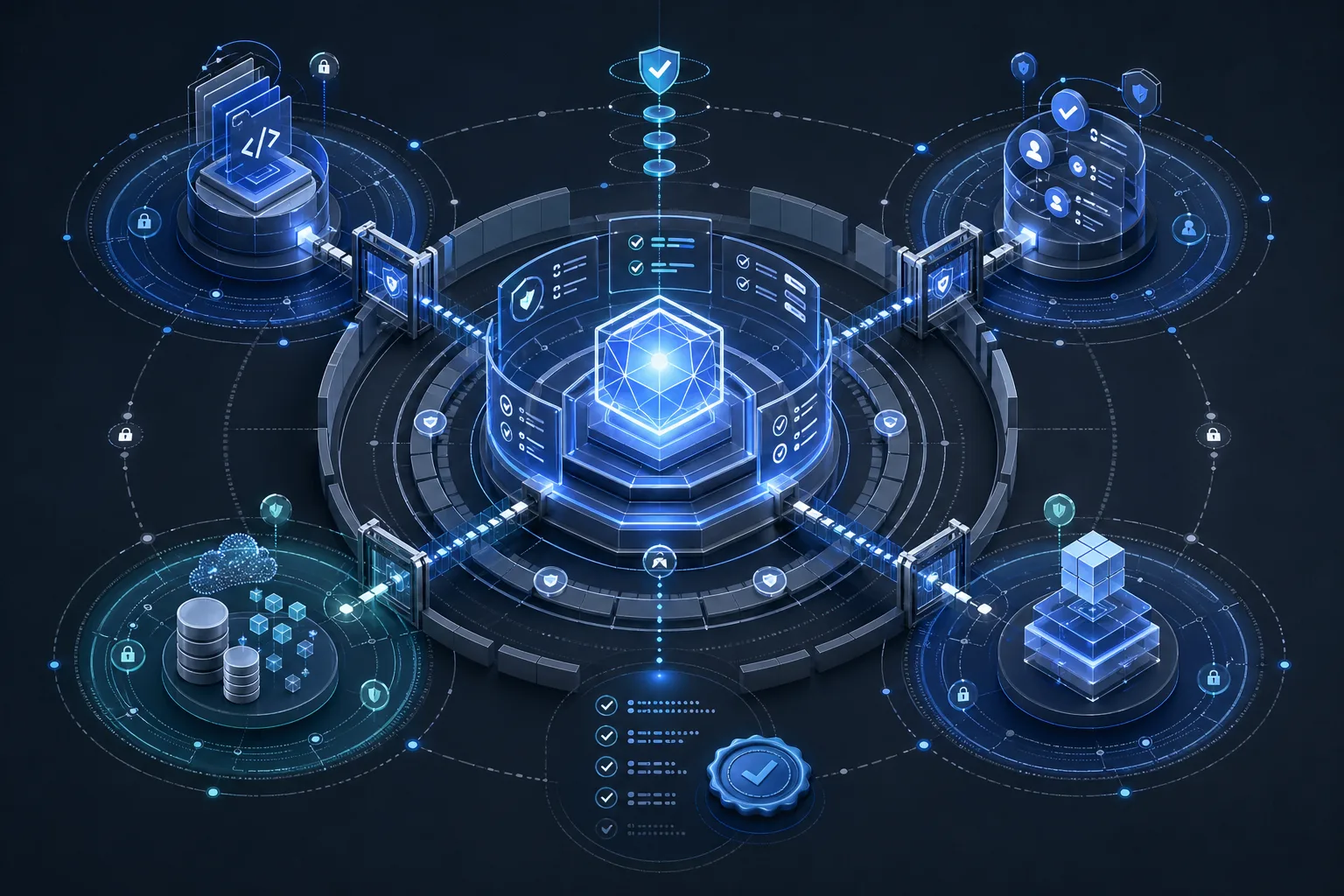 Illustration eines KI-Orchestrators mit Tool-Grenzen, Logs und Freigaben