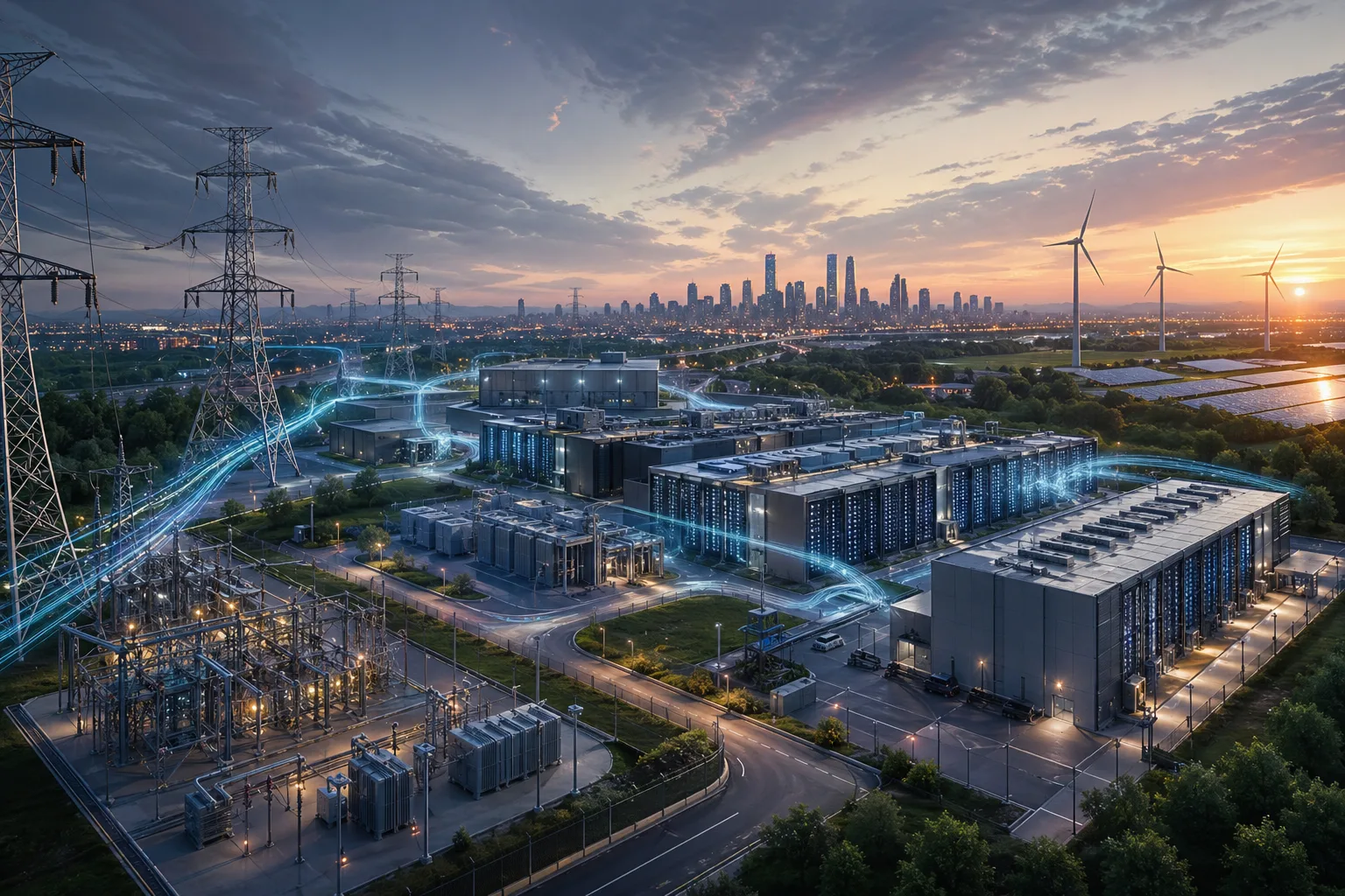 Abstrakte Darstellung eines KI-Rechenzentrums mit Stromleitungen, Umspannwerk und erneuerbarer Energieinfrastruktur
