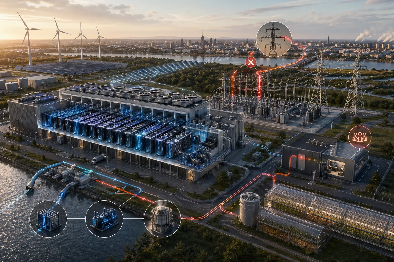 Konzeptgrafik zu Netzanschlüssen, Kühlung, Abwärme und Standortplanung für KI-Rechenzentren