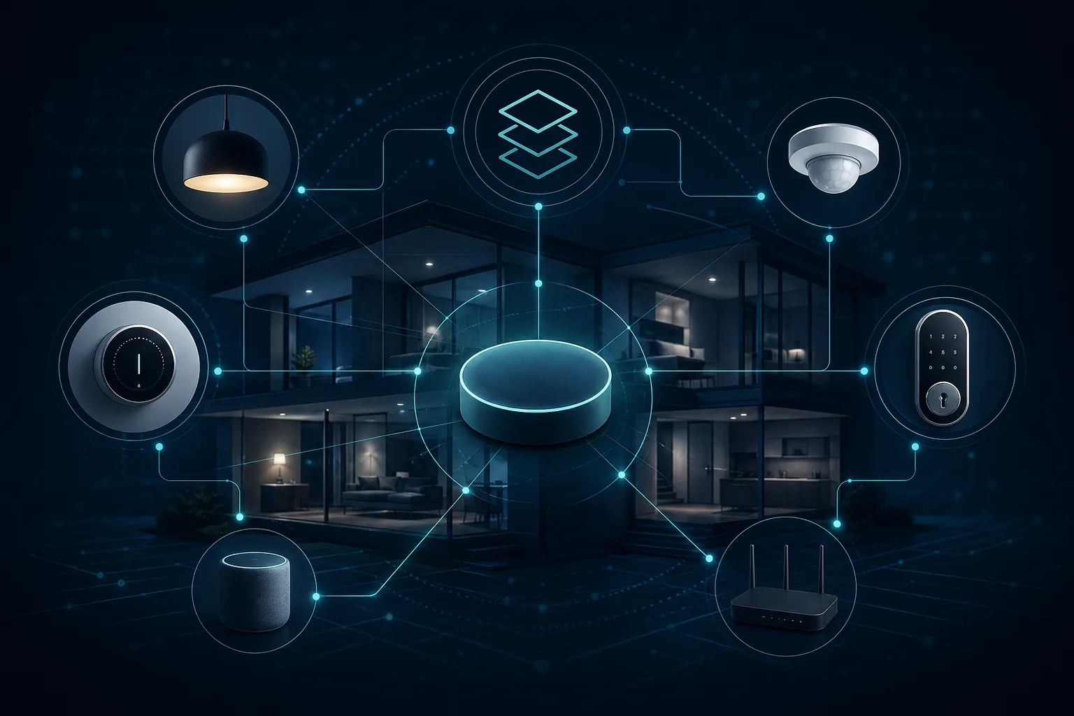 Illustration eines Smart Homes mit vernetzten Geräten, Matter-ähnlicher Interoperabilität und Funkverbindungen