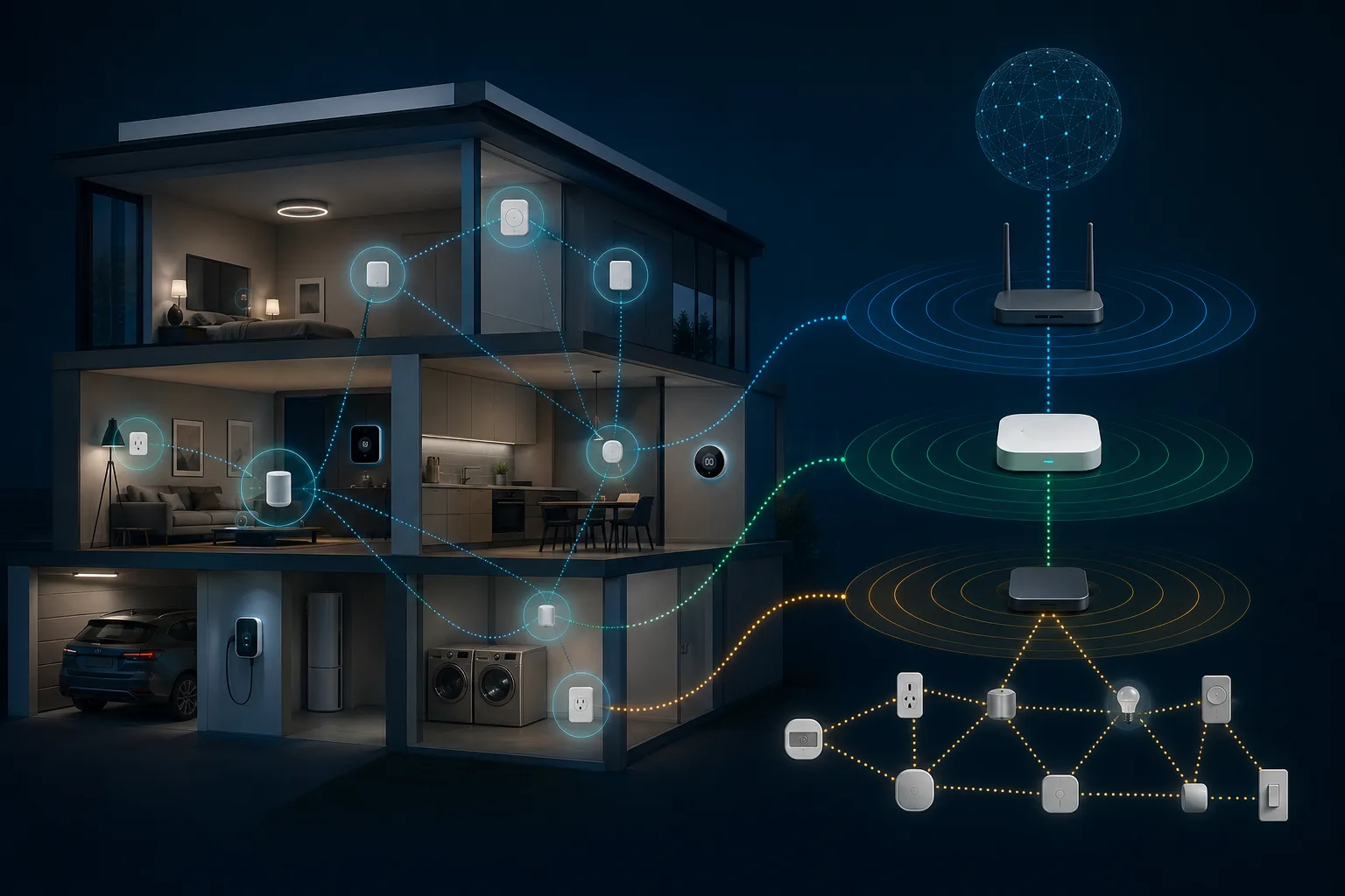 Konzeptgrafik zu Matter, Thread, WLAN und Border Router im Smart Home