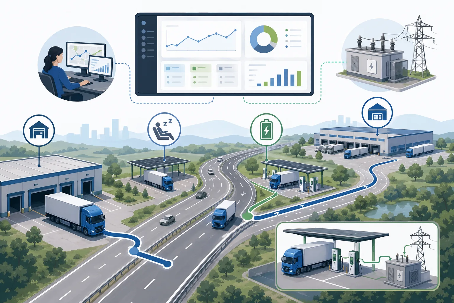 Schematische Grafik zu Depotladen, Korridorladen, Fahrerpausen und Routenplanung bei Elektro-Lkw