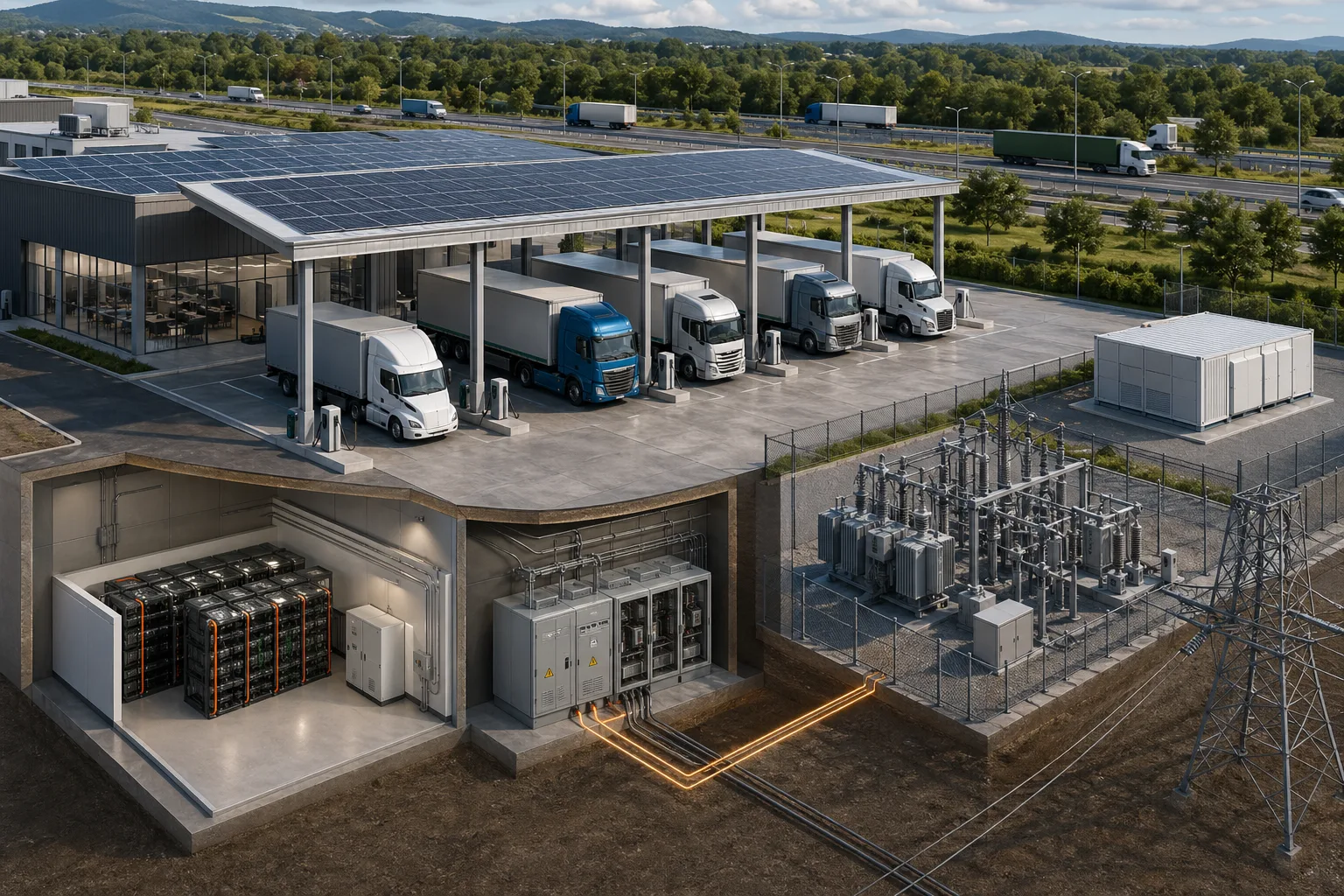 Technische Editorial-Illustration eines Ladeparks für schwere Elektro-Lkw mit Netzanschluss und Ladebuchten