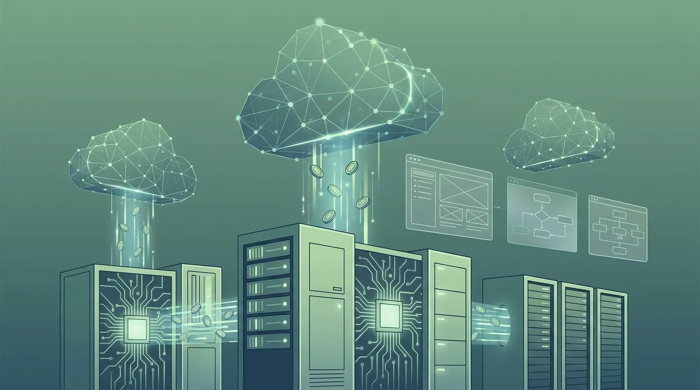 Abstrakte Illustration eines Rechenzentrums mit KI-Agenten-Workflow und Beschleuniger-Racks