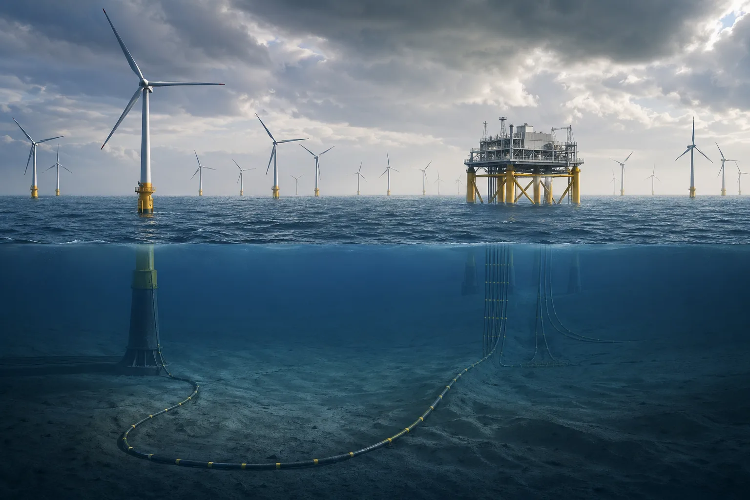 Illustration eines Offshore-Windparks in der Nordsee mit Umspannplattform und Seekabeln