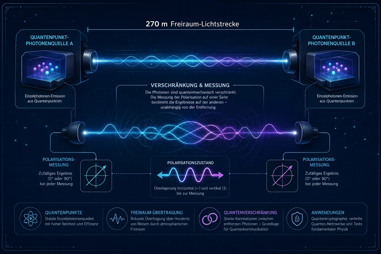 Illustration: Zwei Quantenpunkt-Photonenquellen sind über eine stilisierte Freiraum-Lichtstrecke verbunden.