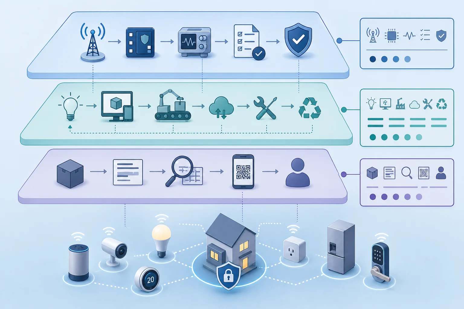 Abstrakte Vergleichsgrafik mit drei Sicherheitsebenen für Funkanlagenrecht, Produktregeln und Verbraucherlabels