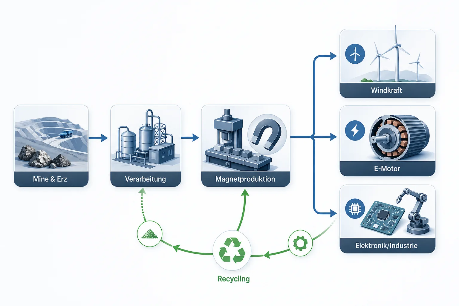 Infografik: Lieferkette von Seltenen Erden über Magnetproduktion bis Windkraft, E-Auto und Elektronik mit Recyclingkreislauf.