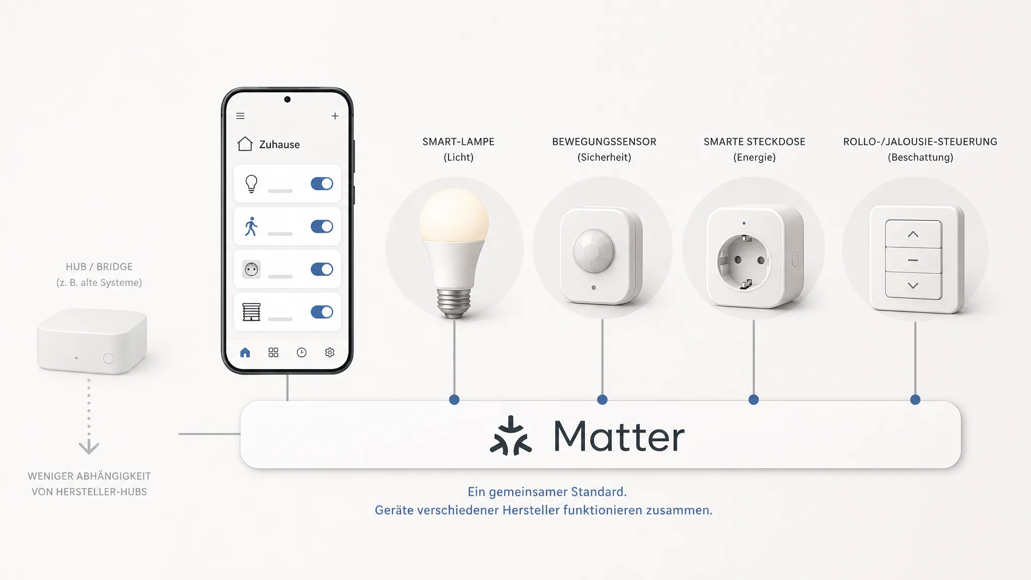 Illustration eines Smart Homes mit Smartphone, Matter-Ebene und vernetzten Geräten ohne Markenlogos