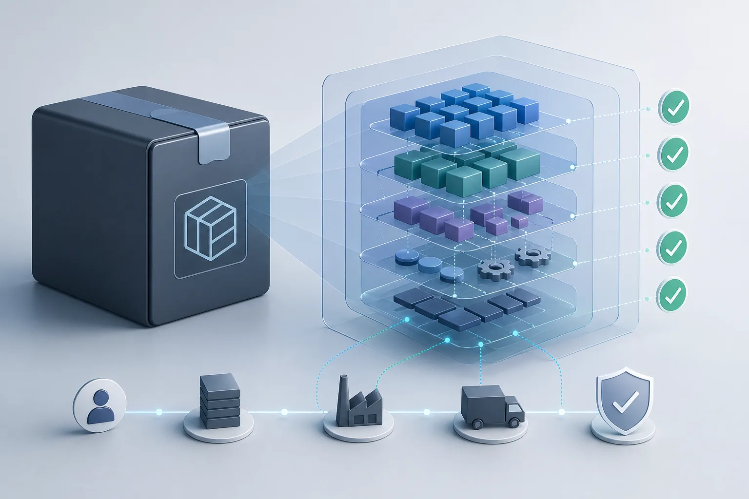 Technische Illustration einer Software Bill of Materials als transparente Zutatenliste von Software-Komponenten