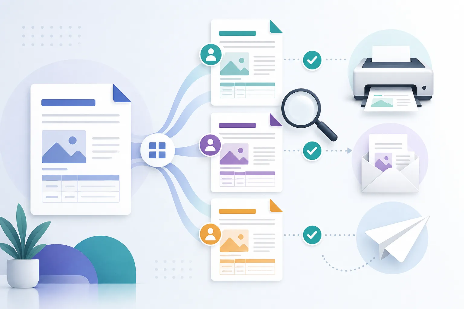 Illustration einer Prüfung mehrerer personalisierter Dokumente vor dem Versand