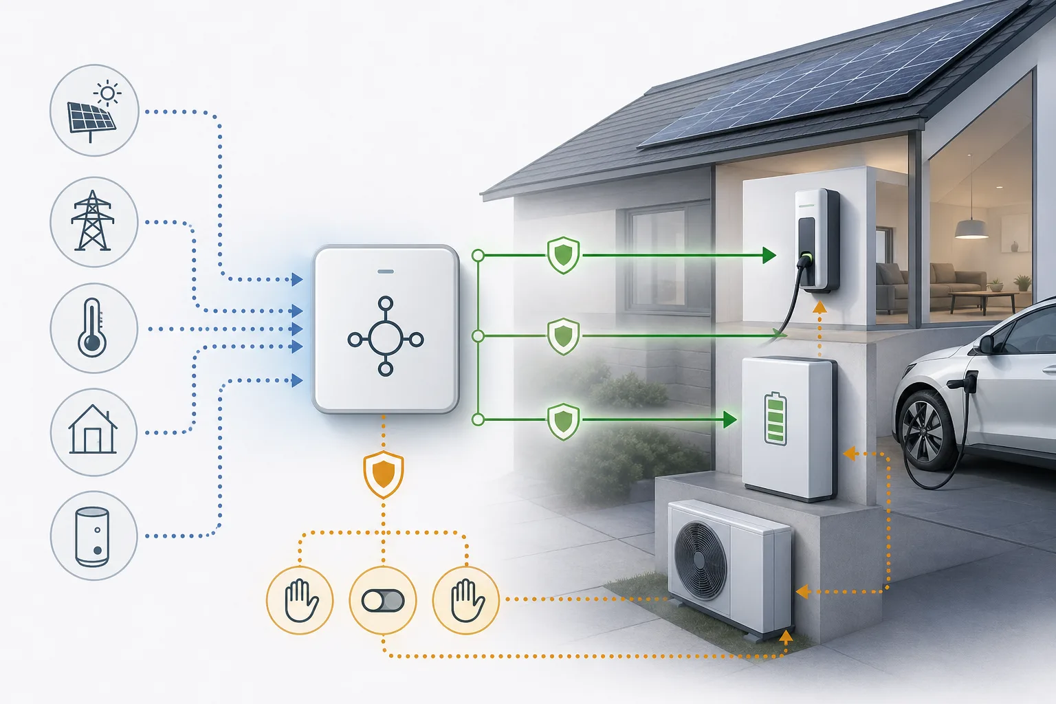 Konzeptgrafik zu Messdaten, Steuerbefehlen, Berechtigungen und lokalem Fallback beim Lastmanagement