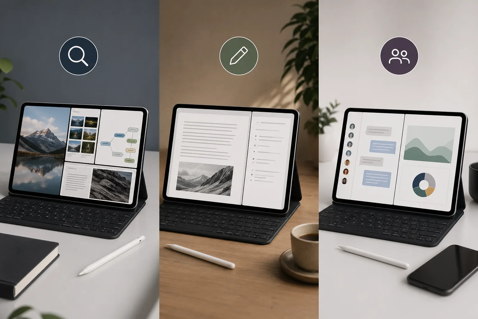 Konzeptgrafik mit mehreren App-Gruppen für Recherche, Schreiben und Kommunikation auf dem iPad