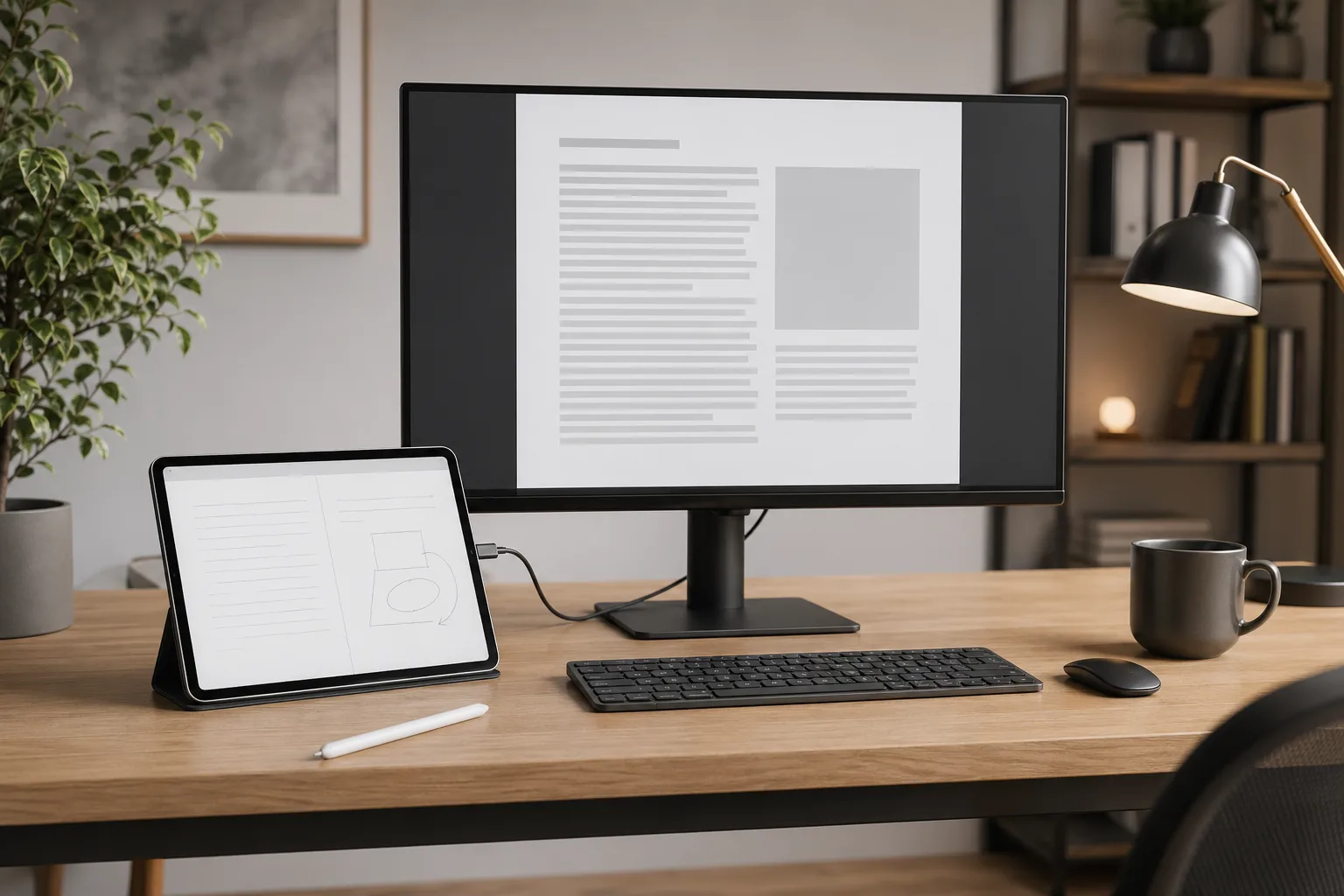 Illustration eines iPads neben einem externen Monitor für produktives Arbeiten mit Stage Manager
