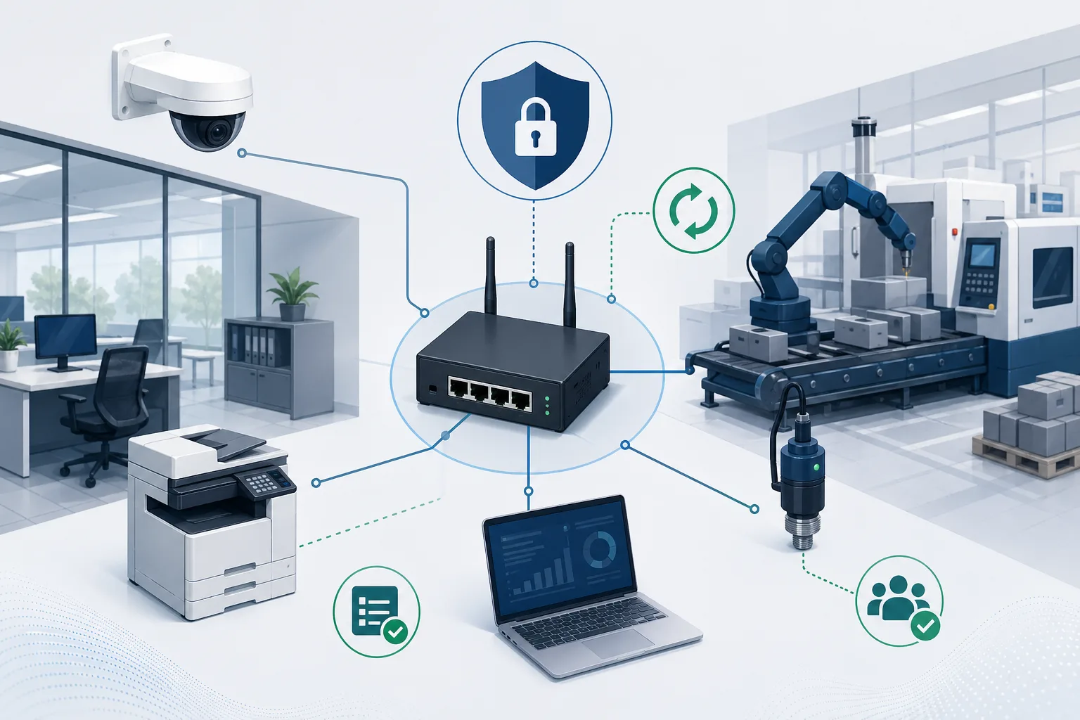 Redaktionelle Infografik mit IP-Kamera, Drucker, Sensor, Gateway und Laptop in einem gesicherten Unternehmensnetz