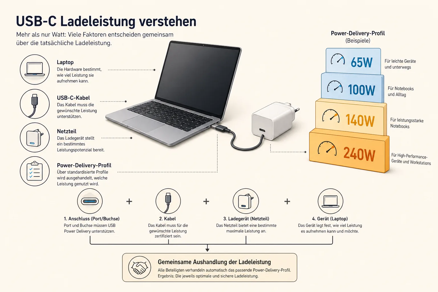 Infografik: Laptop, USB-C-Kabel, Netzteil und Power-Delivery-Leistungsstufen