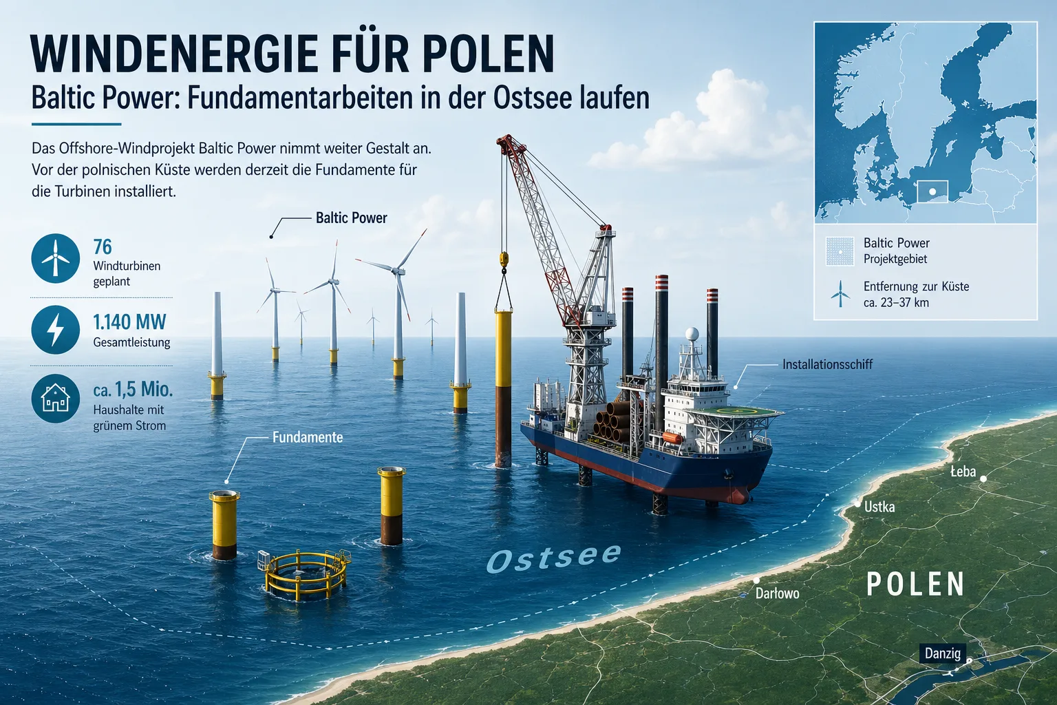 Editorial-Grafik zu Baltic Power, Offshore-Wind-Fundamenten und Installationsschiff in der Ostsee