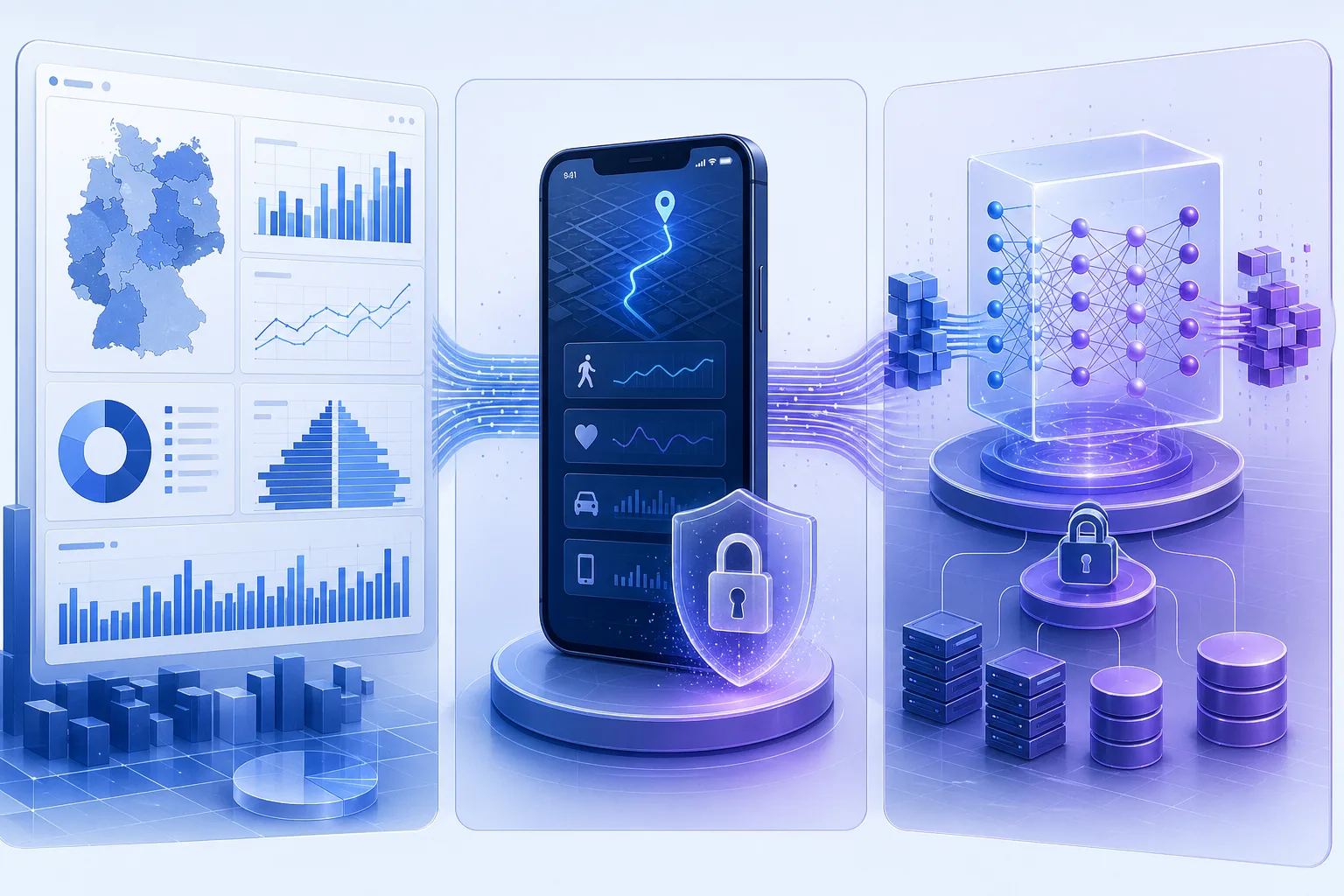 Illustration von Statistik, Smartphone-Telemetrie und KI-Modelltraining als Einsatzfelder von Differential Privacy
