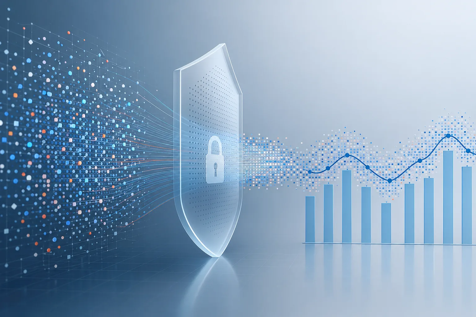 Abstrakte technische Illustration zu Differential Privacy mit Datenpunkten, Schutzschicht und Statistik