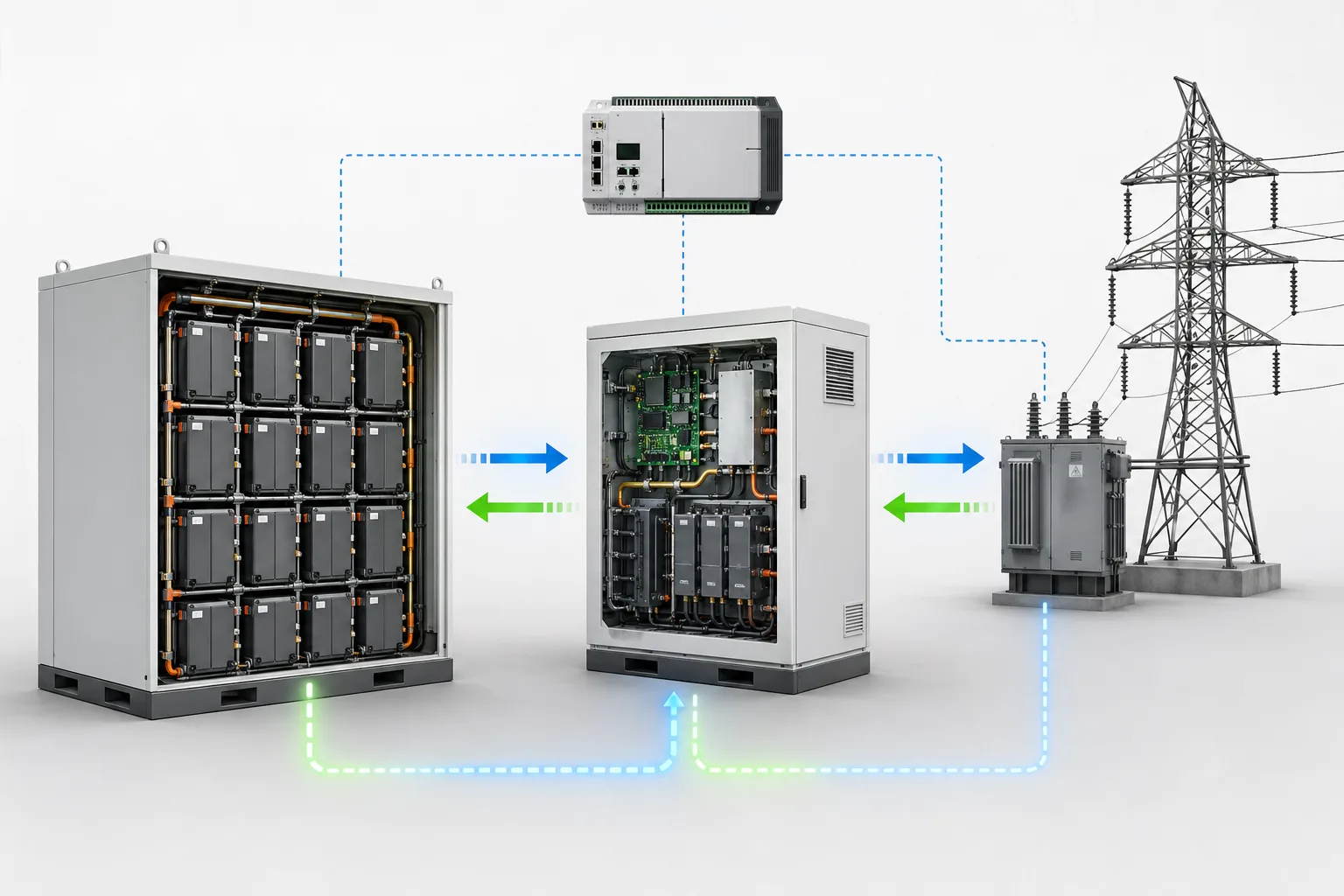 Schematische Darstellung von Batteriezellen, Wechselrichter und Stromnetz