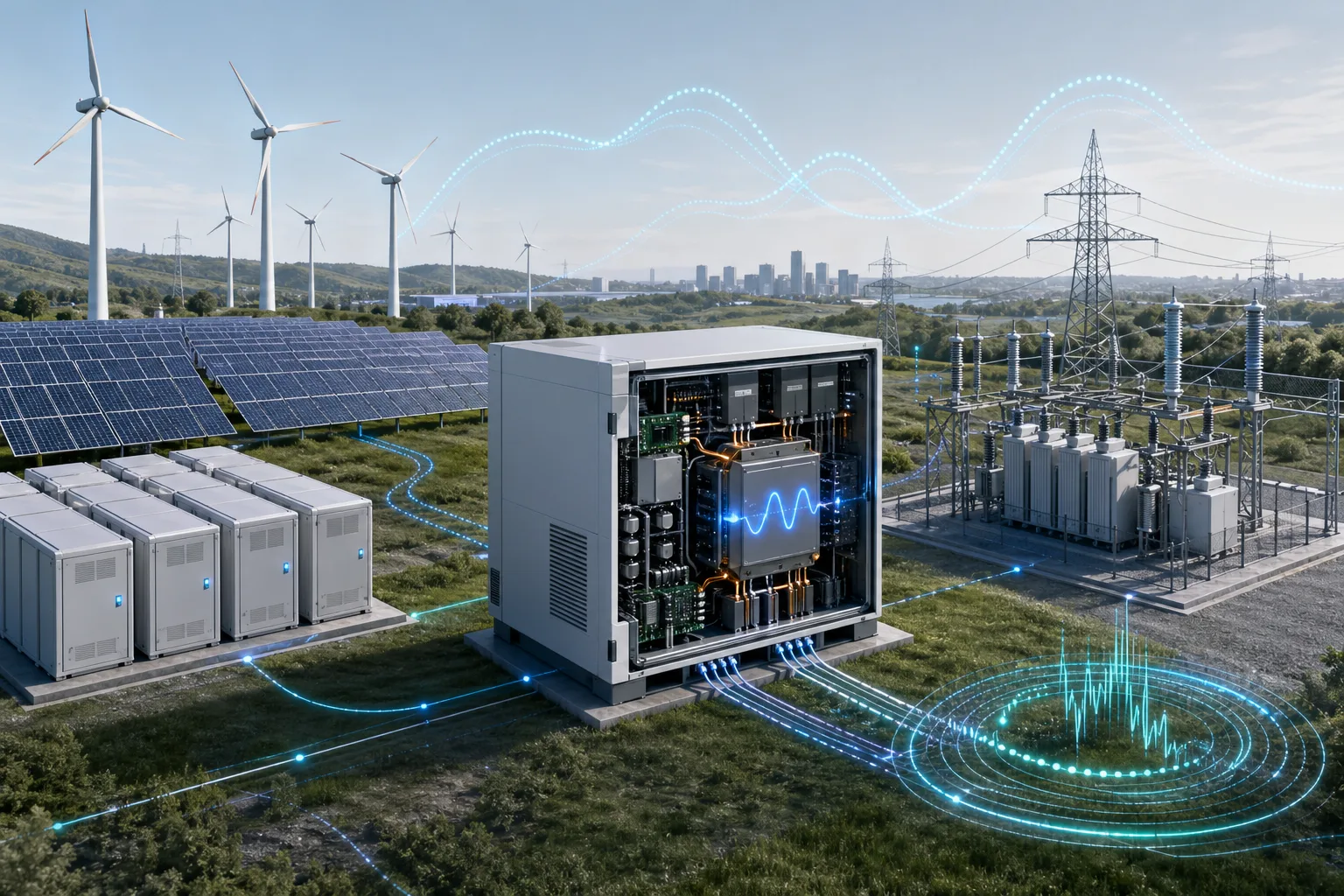 Technische Illustration eines netzbildenden Wechselrichters im Stromnetz