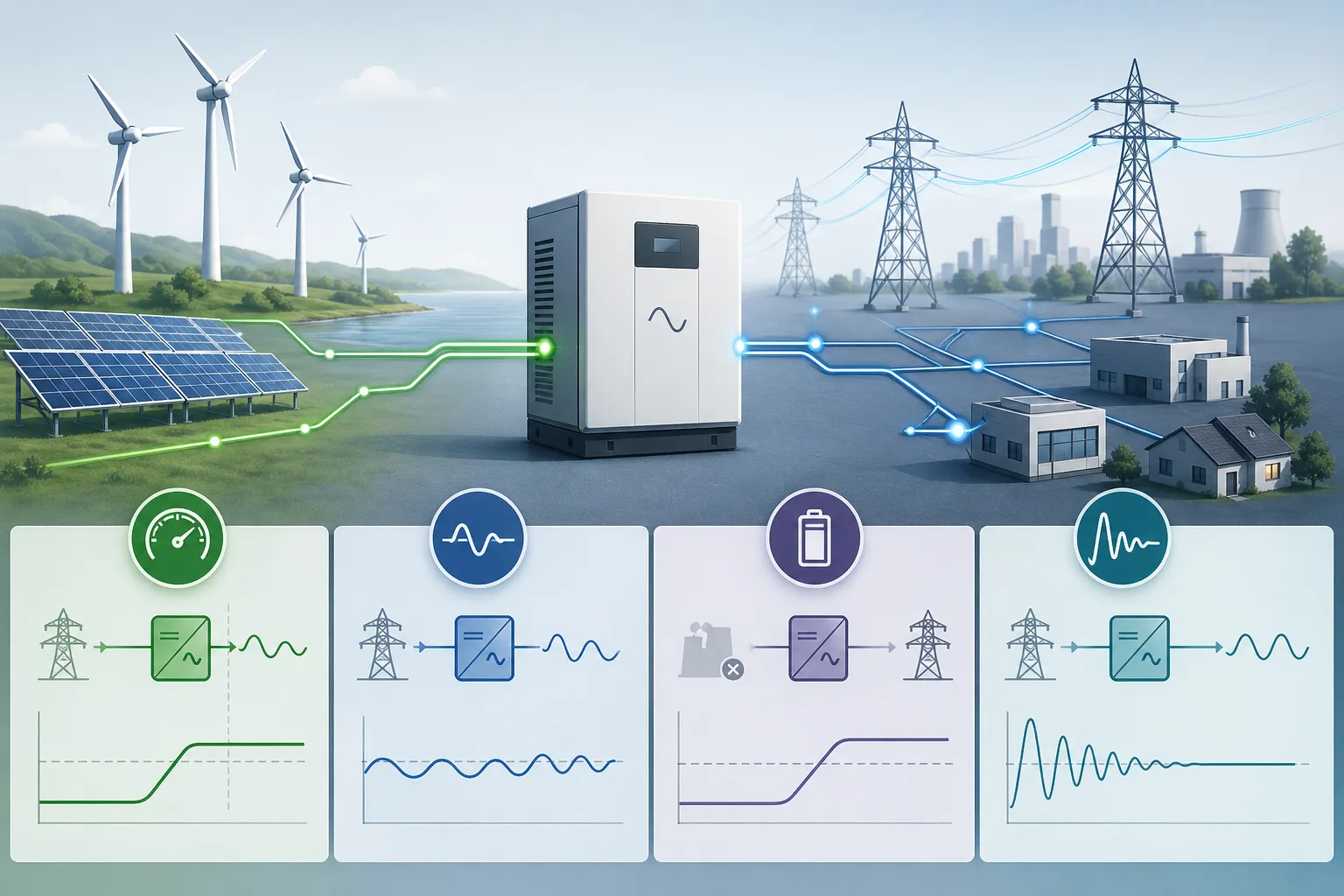 Illustration von Frequenzstützung, Spannungsstützung und Schwarzstartfähigkeit durch netzbildende Wechselrichter