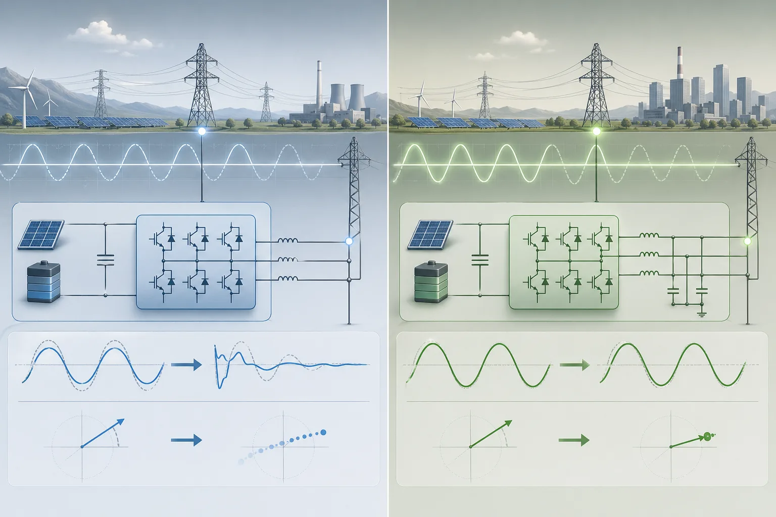 Konzeptgrafik zum Unterschied zwischen netzfolgendem und netzbildendem Wechselrichter