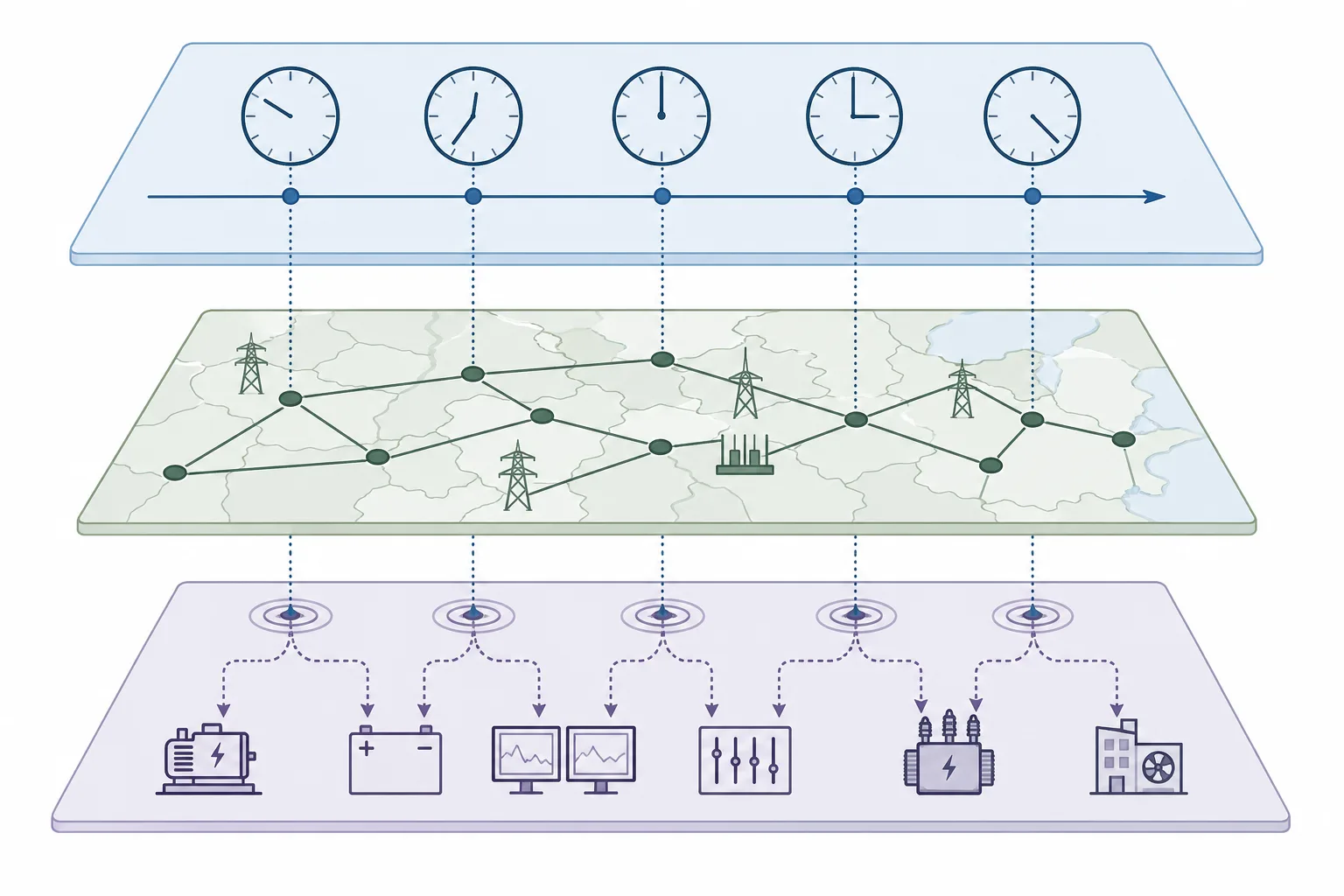Konzeptgrafik zu zeitlicher, räumlicher und technischer Flexibilität im Stromsystem