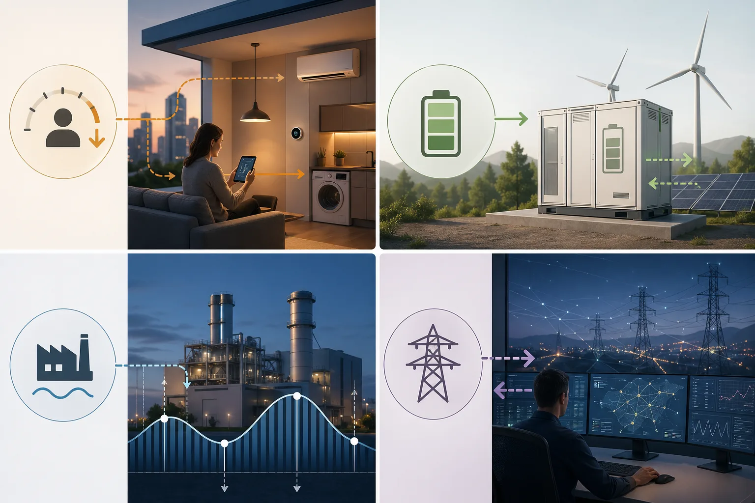 Diagramm mit flexibler Nachfrage, Batteriespeicher, flexibler Erzeugung und Netzbetrieb als Flexibilitätsquellen