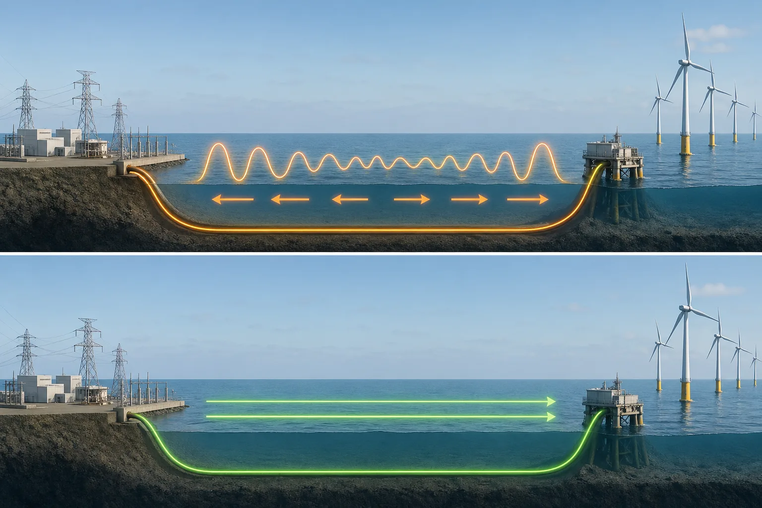 Konzeptgrafik zum Unterschied zwischen Wechselstromkabel und HGÜ-Kabel über lange Strecken