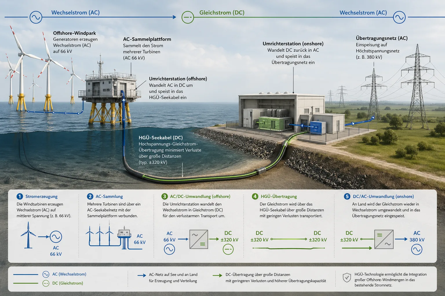 Technische Illustration eines Offshore-Windparks mit HGÜ-Kabel und Konverterstation