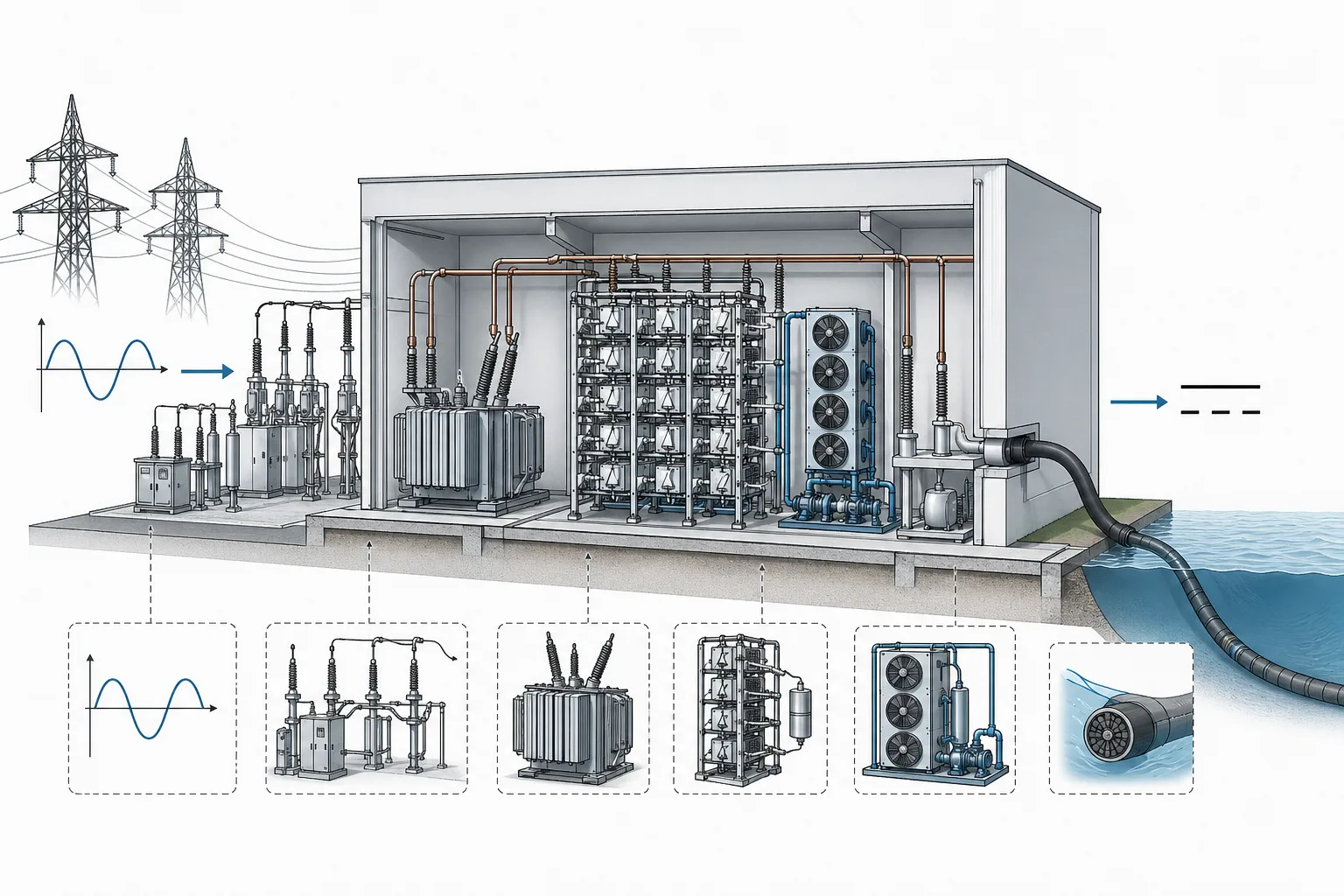 Schematische Illustration einer HGÜ-Konverterstation zwischen Wechselstromnetz und Gleichstromleitung