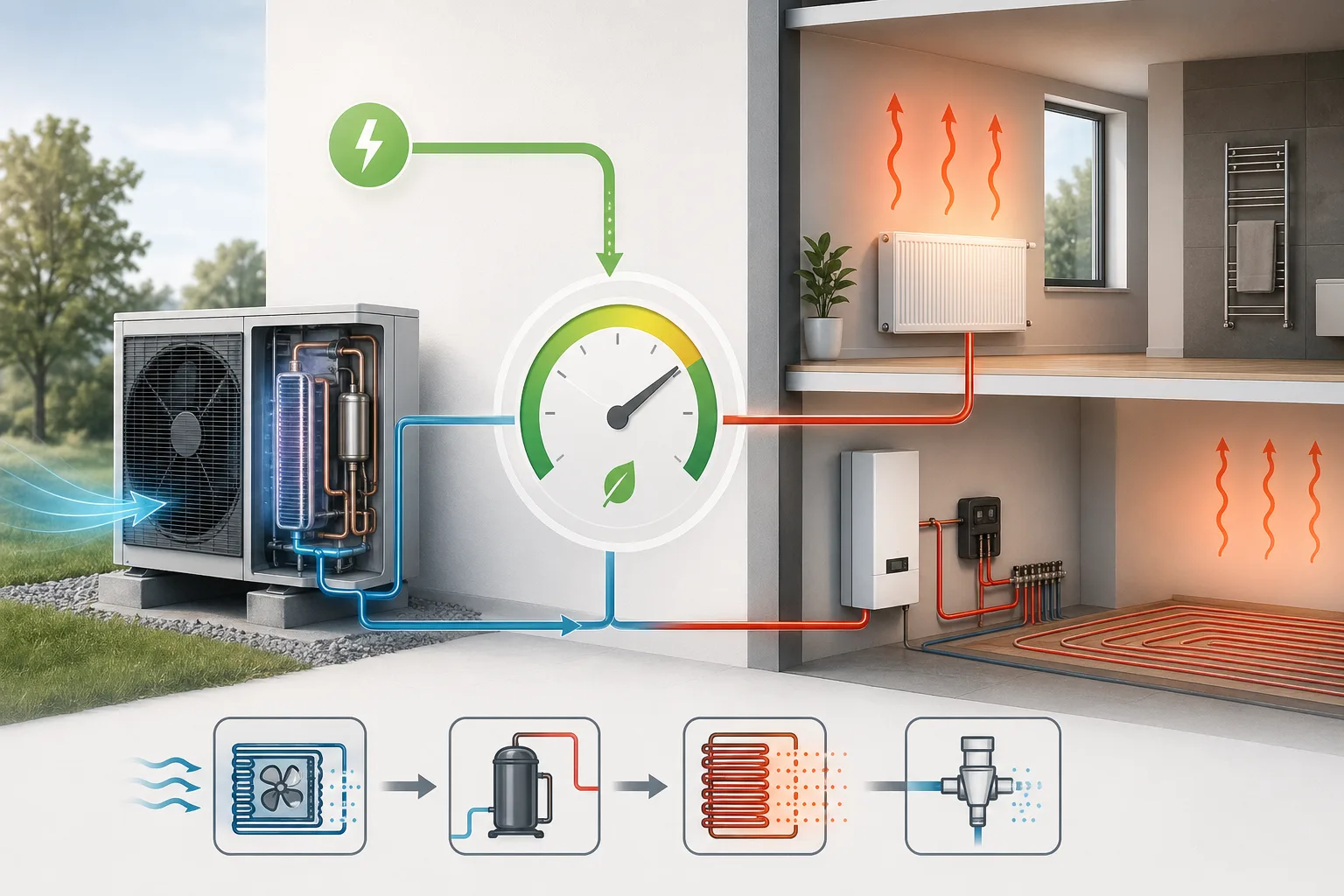 Diagramm erklärt die Jahresarbeitszahl einer Wärmepumpe als Verhältnis von jährlicher Wärmeabgabe zu jährlichem Stromverbrauch