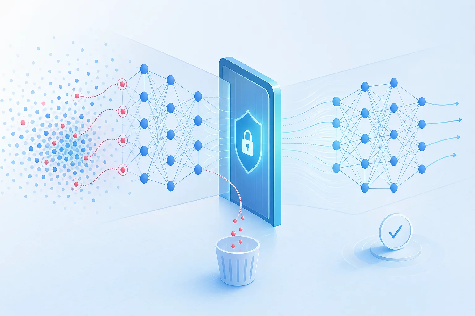 Abstrakte Grafik eines KI-Modells, aus dem einzelne Datenpunkte kontrolliert entfernt werden