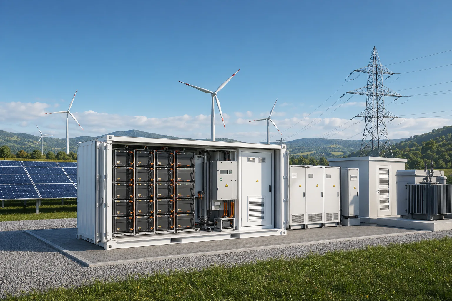 Abstrakte Illustration eines Stromnetzes mit Frequenzstabilisierung, Wind, Solar, Batteriespeicher und rotierendem Generator