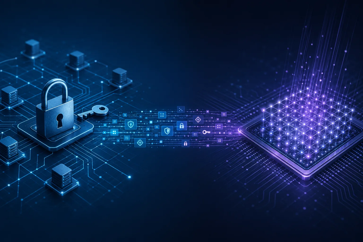 Abstrakte Illustration zur Post-Quantum-Kryptografie mit digitalem Schloss, Datenverbindungen und Quantenchip