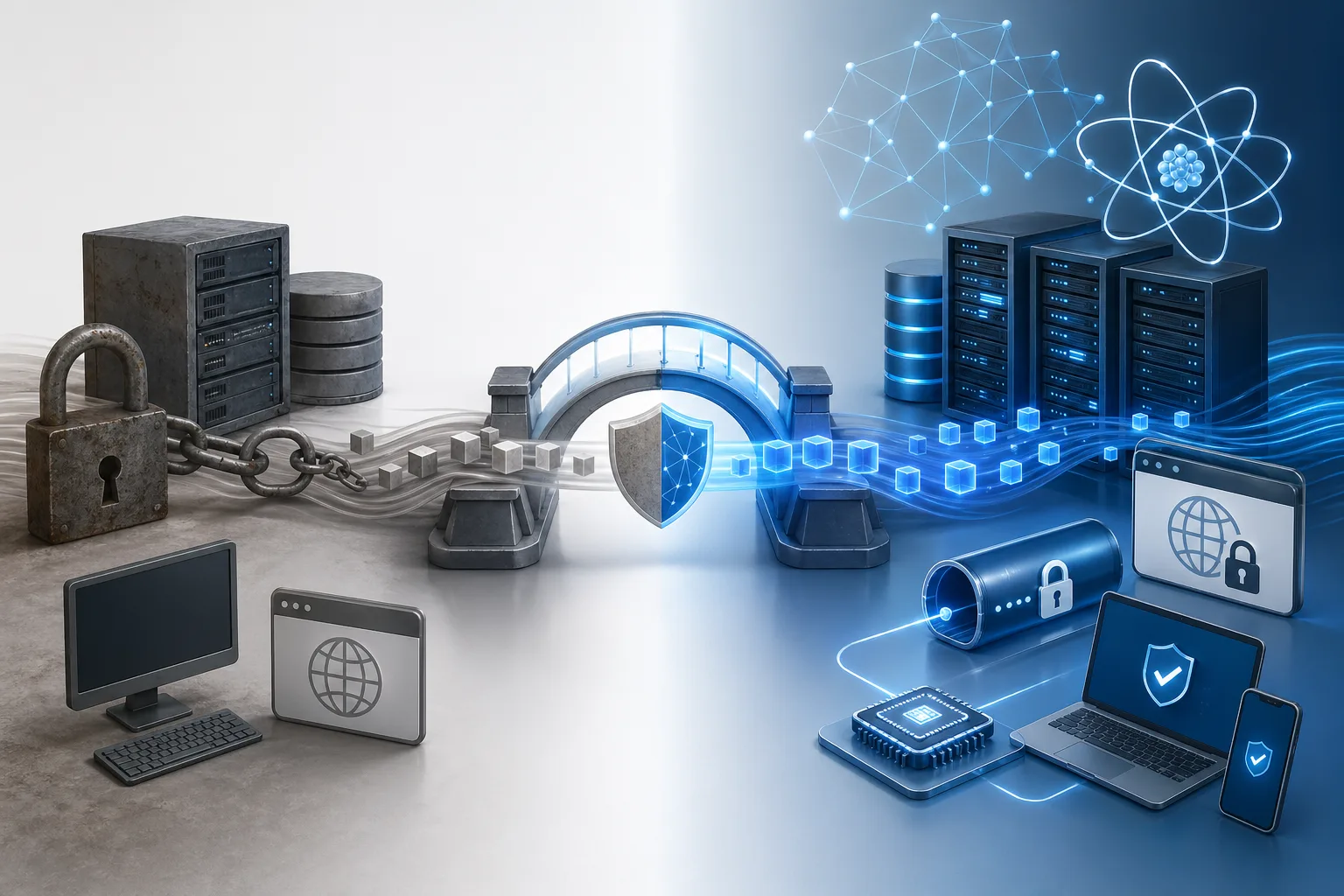Illustration einer Migration von RSA und ECC über Hybridbetrieb zu quantensicherer Kryptografie