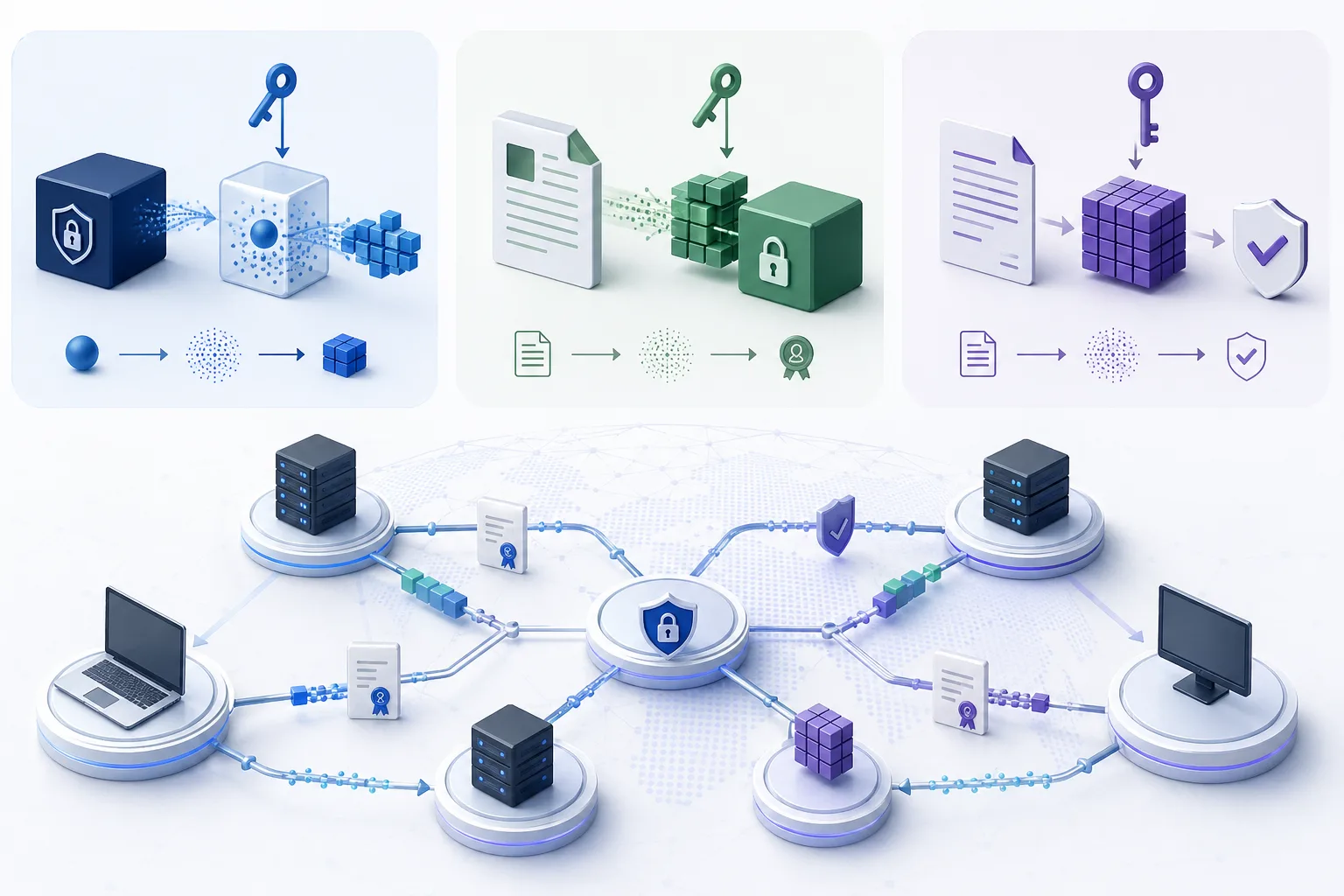 Konzeptgrafik zu ML-KEM, ML-DSA und SLH-DSA als Bausteinen quantensicherer Kryptografie